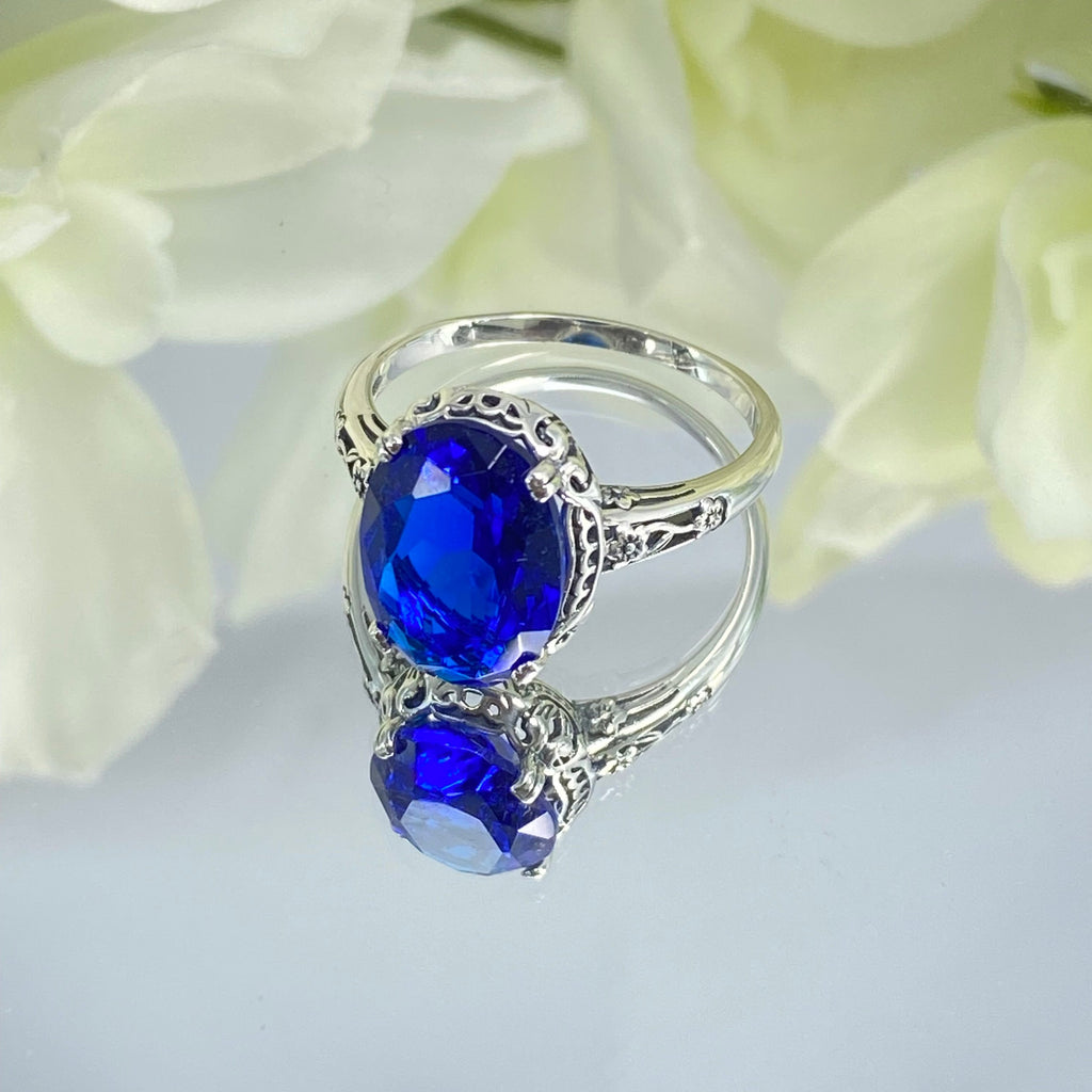 Blue Sapphire Ring, Sapphire Blue simulated oval faceted gemstone, sterling silver floral filigree, Edward design #D70, Silver Embrace Jewelry