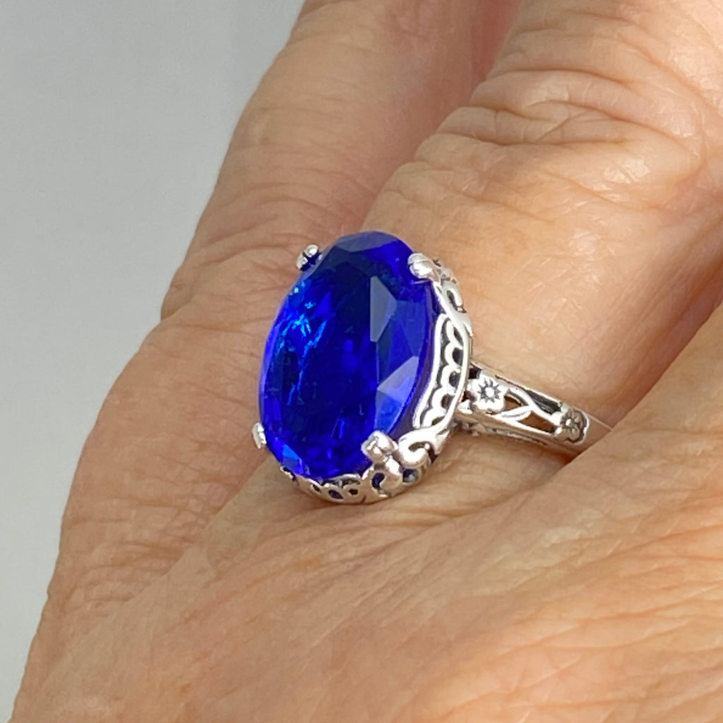 Blue Sapphire Ring, Sapphire Blue simulated oval faceted gemstone, sterling silver floral filigree, Edward design #D70, Silver Embrace Jewelry