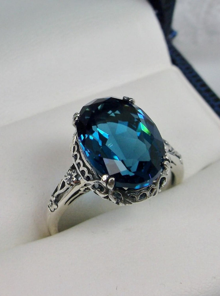London Blue Topaz Ring, oval faceted gemstone, sterling silver floral filigree, Edward design #D70