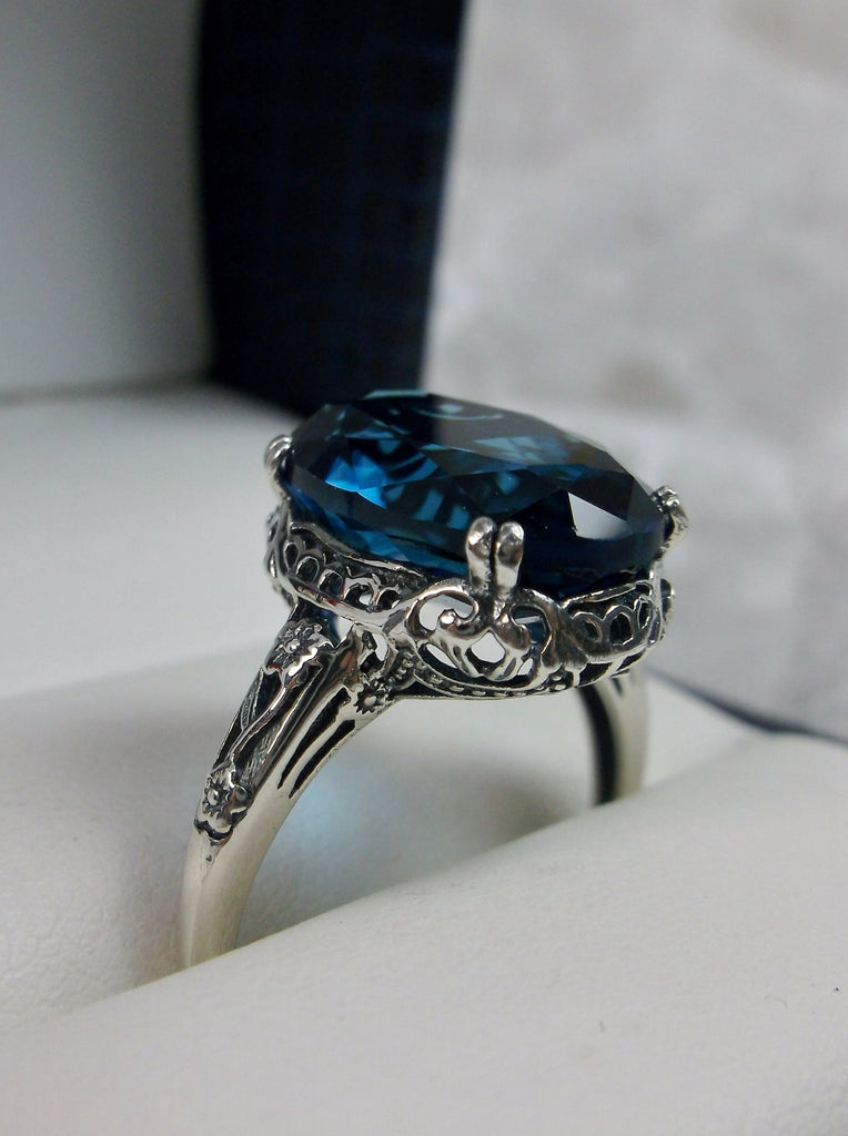 London Blue Topaz Ring, oval faceted gemstone, sterling silver floral filigree, Edward design #D70