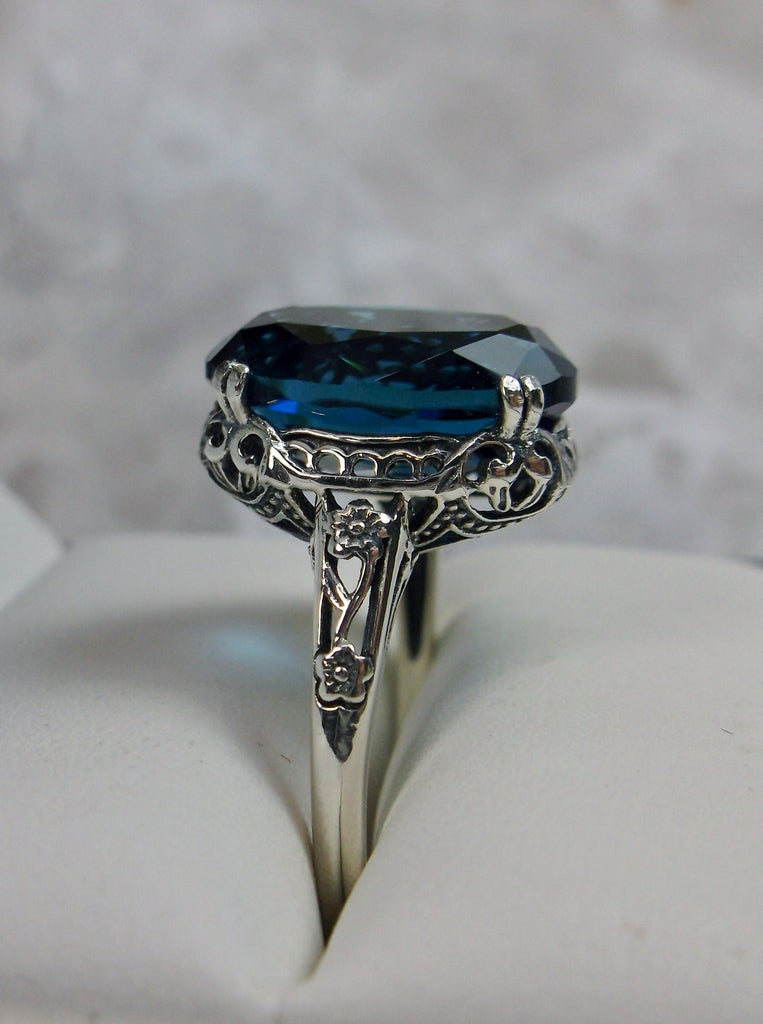 London Blue Topaz Ring, oval faceted gemstone, sterling silver floral filigree, Edward design #D70