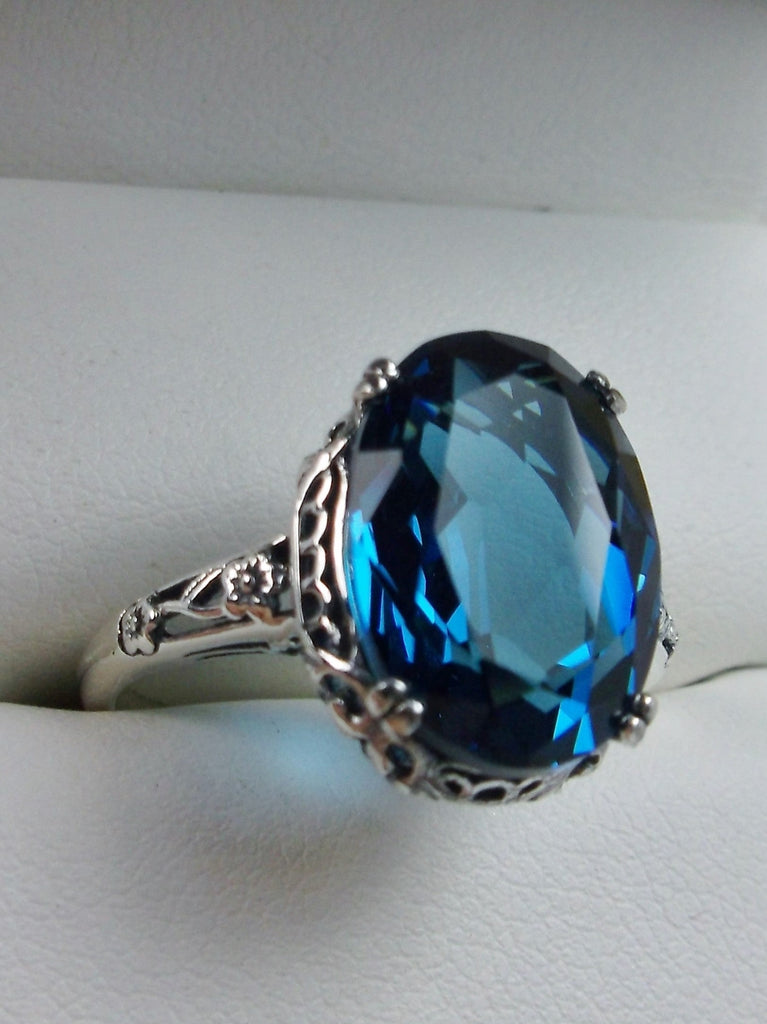 London Blue Topaz Ring, oval faceted gemstone, sterling silver floral filigree, Edward design #D70