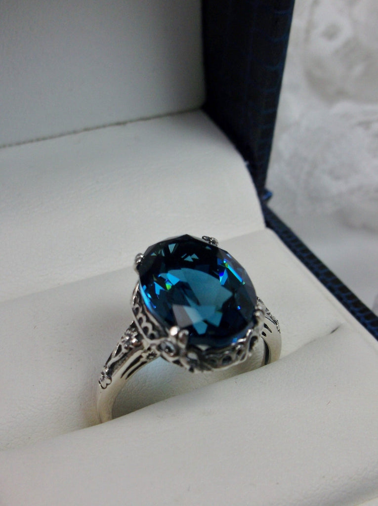 London Blue Topaz Ring, oval faceted gemstone, sterling silver floral filigree, Edward design #D70