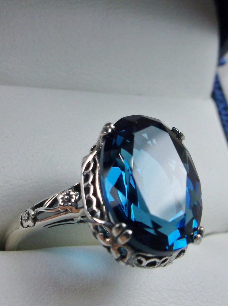 London Blue Topaz Ring, oval faceted gemstone, sterling silver floral filigree, Edward design #D70