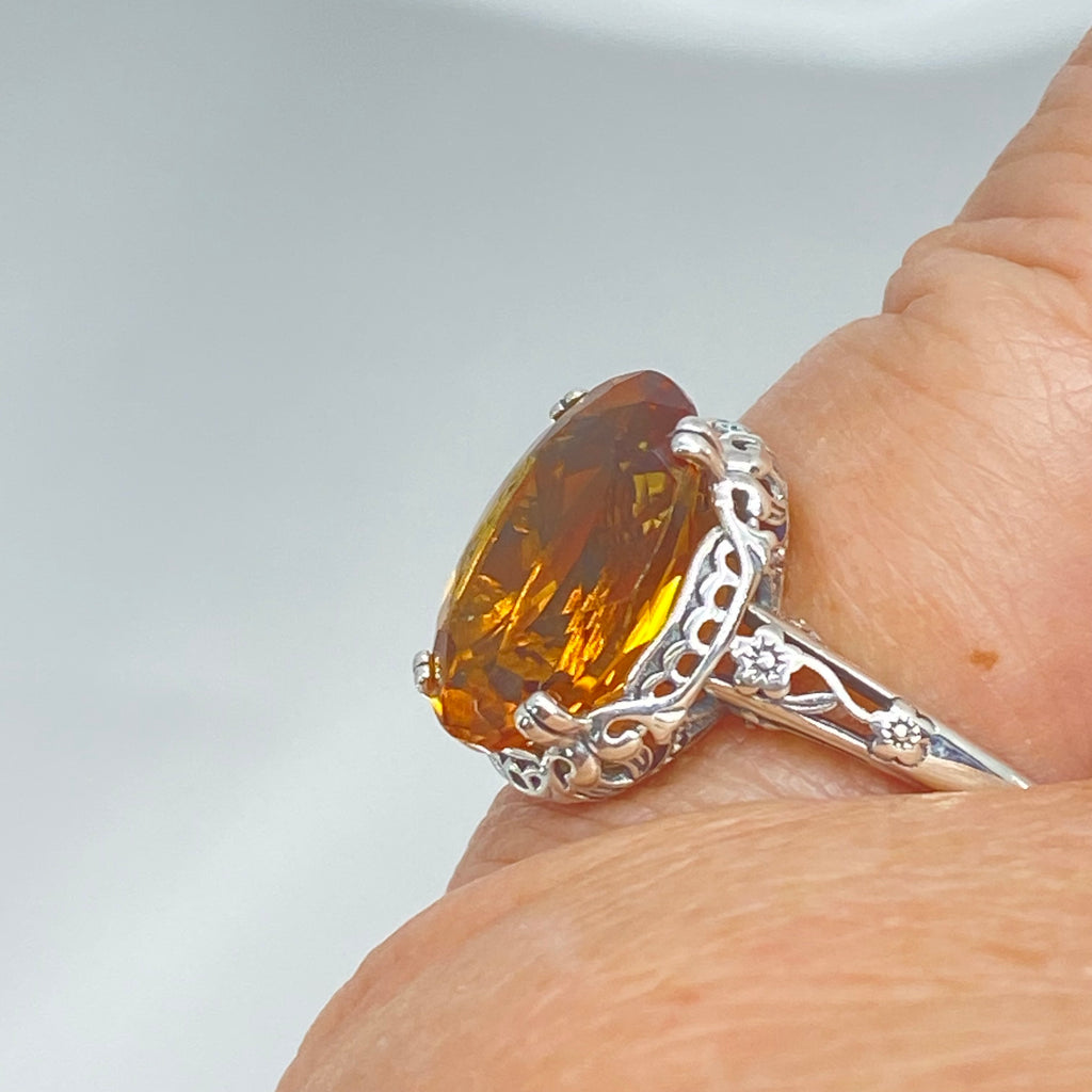 Natural Orange Citrine Ring, Edwardian Floral filigree, sterling silver jewelry, Silver Embrace Jewelry, D70, Edward