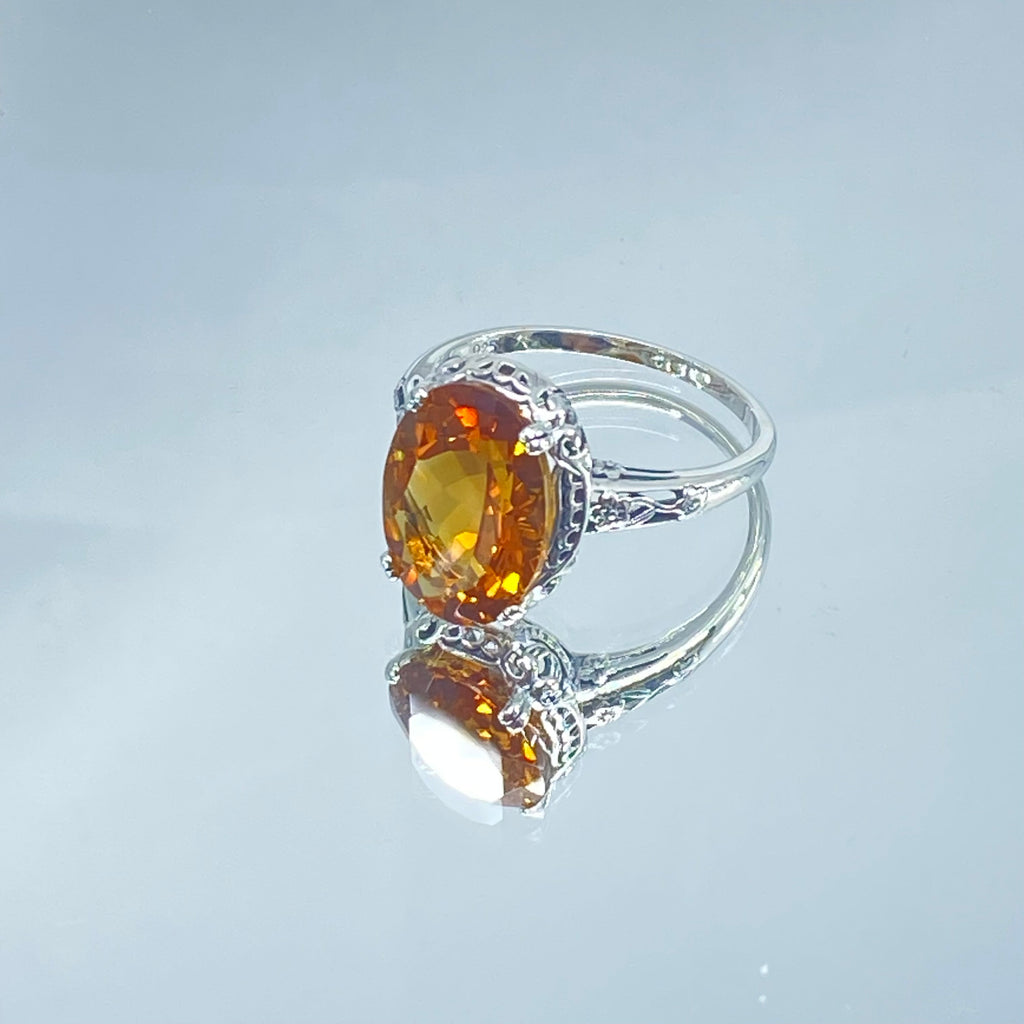 Natural Orange Citrine Ring, Edwardian Floral filigree, sterling silver jewelry, Silver Embrace Jewelry, D70, Edward