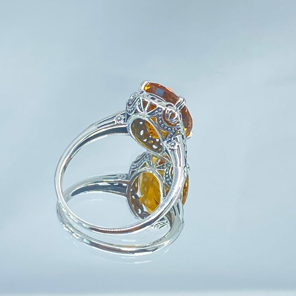 Natural Orange Citrine Ring, Edwardian Floral filigree, sterling silver jewelry, Silver Embrace Jewelry, D70, Edward