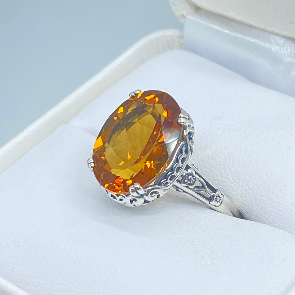 Natural Orange Citrine Ring, Edwardian Floral filigree, sterling silver jewelry, Silver Embrace Jewelry, D70, Edward