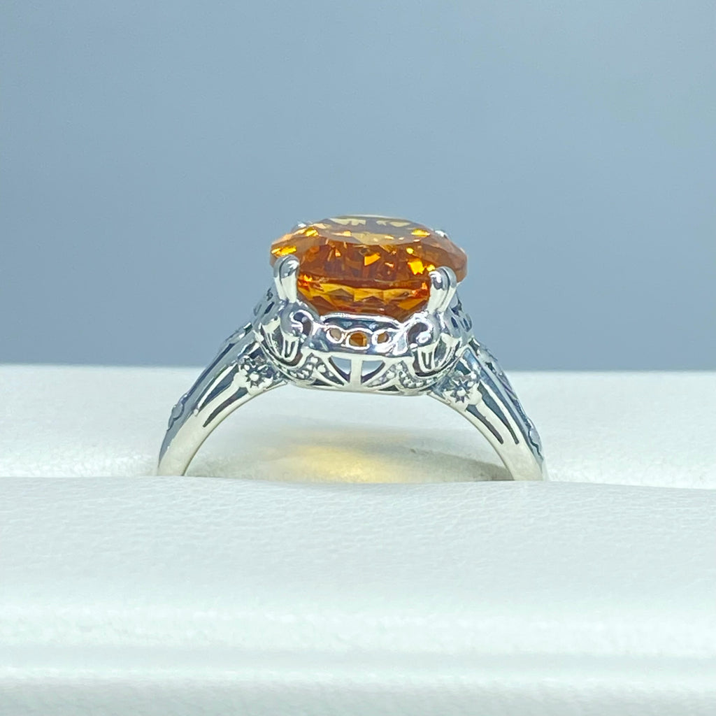 Natural Orange Citrine Ring, Edwardian Floral filigree, sterling silver jewelry, Silver Embrace Jewelry, D70, Edward
