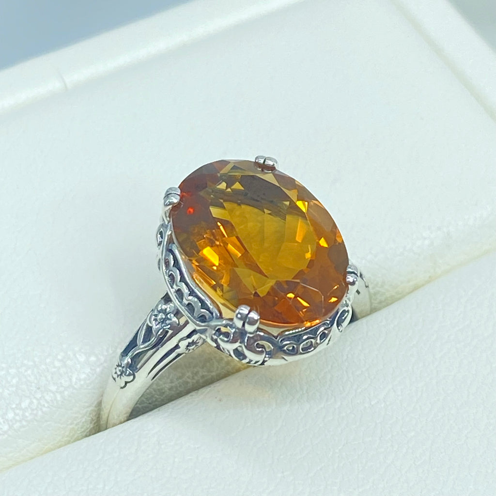Natural Orange Citrine Ring, Edwardian Floral filigree, sterling silver jewelry, Silver Embrace Jewelry, D70, Edward