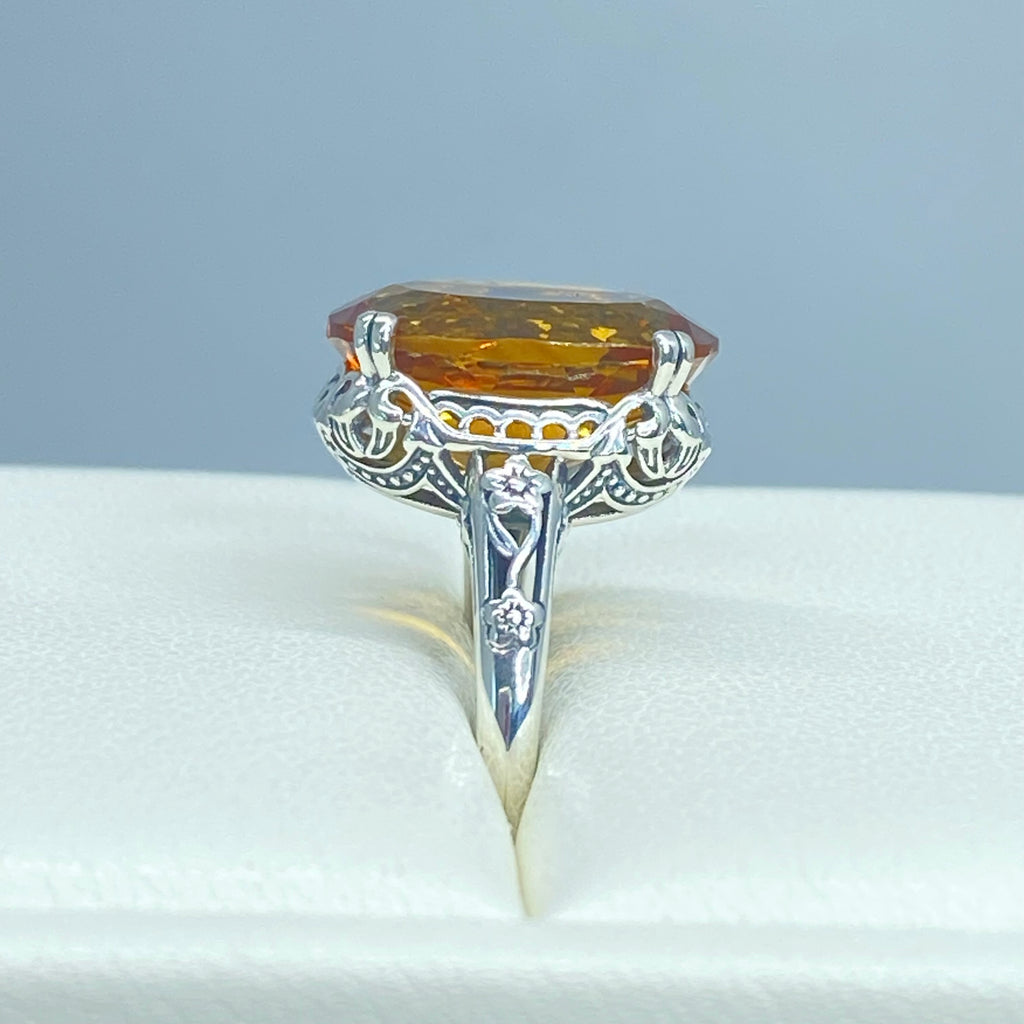Natural Orange Citrine Ring, Edwardian Floral filigree, sterling silver jewelry, Silver Embrace Jewelry, D70, Edward