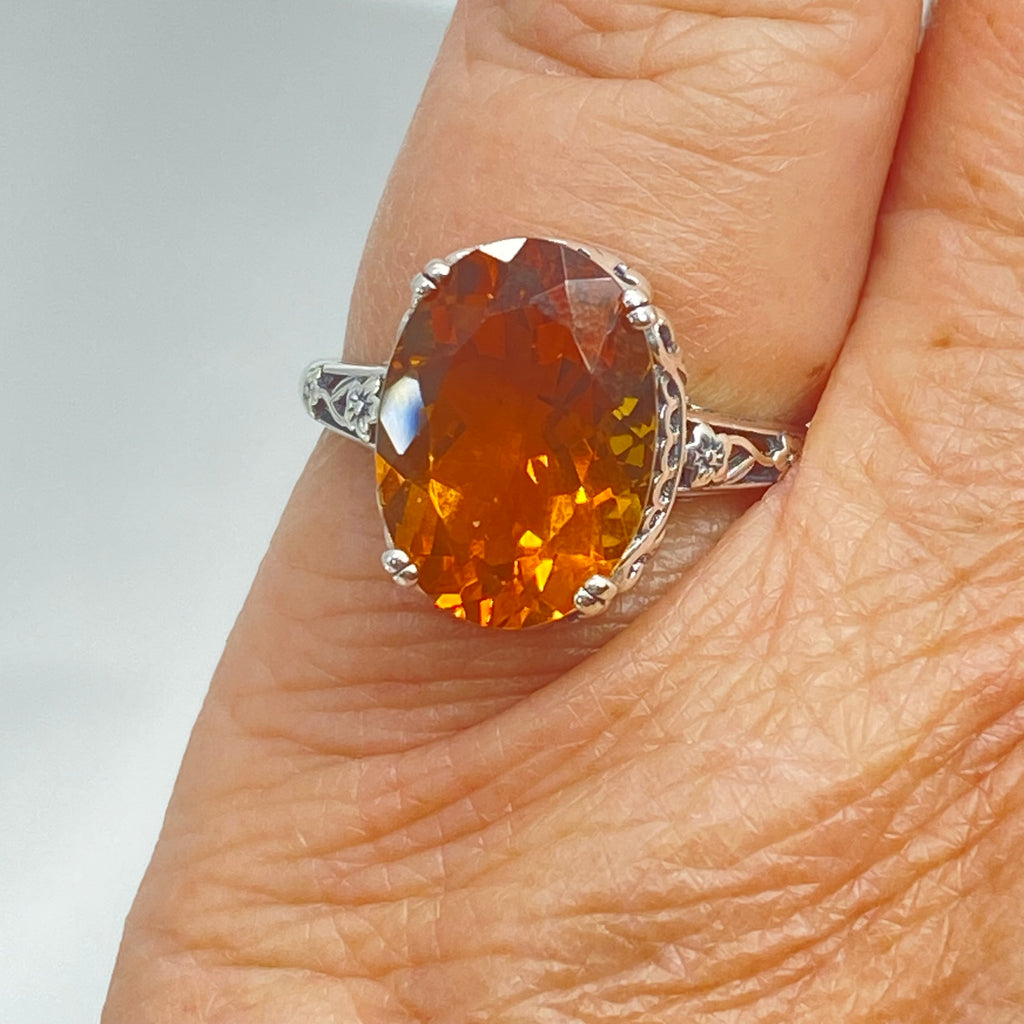 Natural Orange Citrine Ring, Edwardian Floral filigree, sterling silver jewelry, Silver Embrace Jewelry, D70, Edward