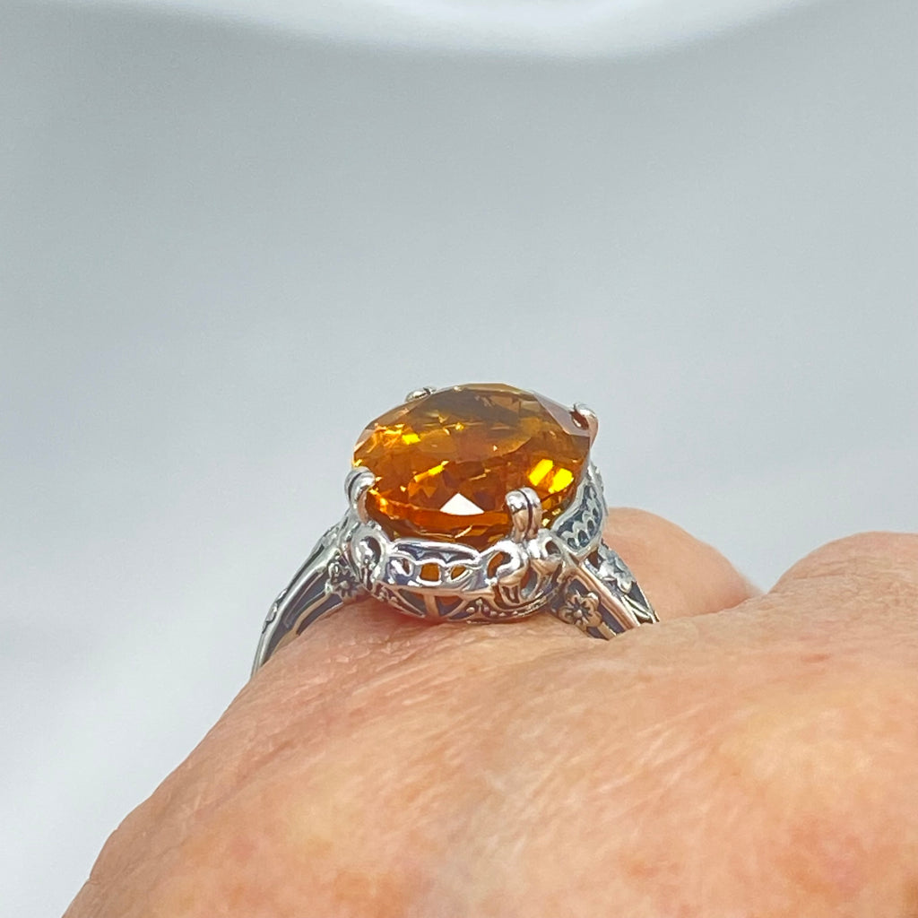 Natural Orange Citrine Ring, Edwardian Floral filigree, sterling silver jewelry, Silver Embrace Jewelry, D70, Edward