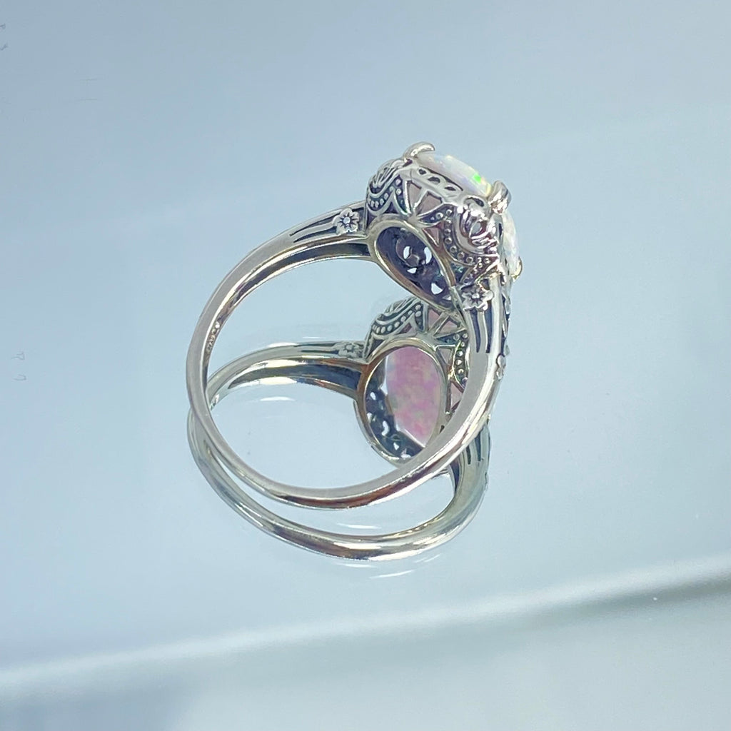 Opal Ring, Simulated fire opal oval gemstone, sterling silver floral filigree, Edward design #D70