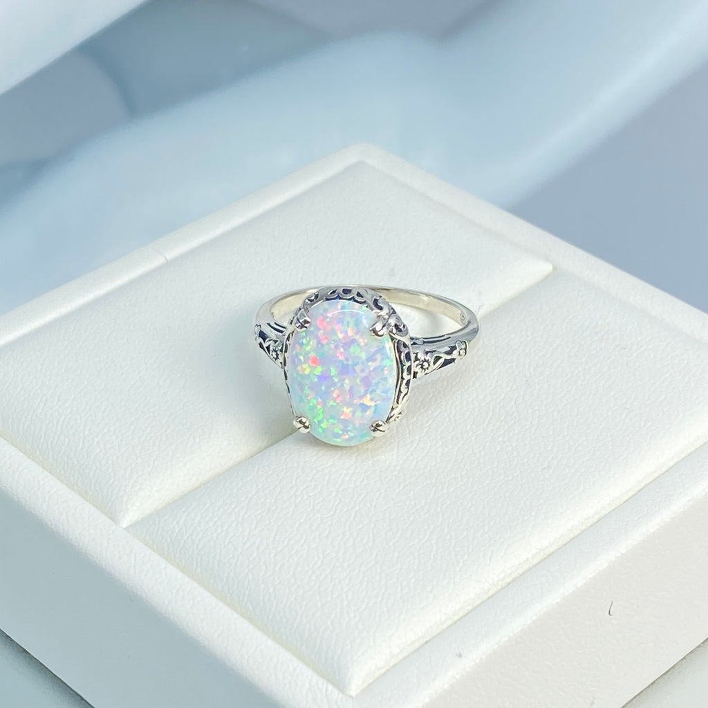 Opal Ring, Simulated fire opal oval gemstone, sterling silver floral filigree, Edward design #D70