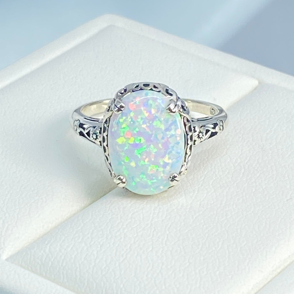 Opal Ring, Simulated fire opal oval gemstone, sterling silver floral filigree, Edward design #D70