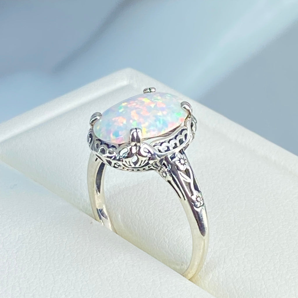 Opal Ring, Simulated fire opal oval gemstone, sterling silver floral filigree, Edward design #D70