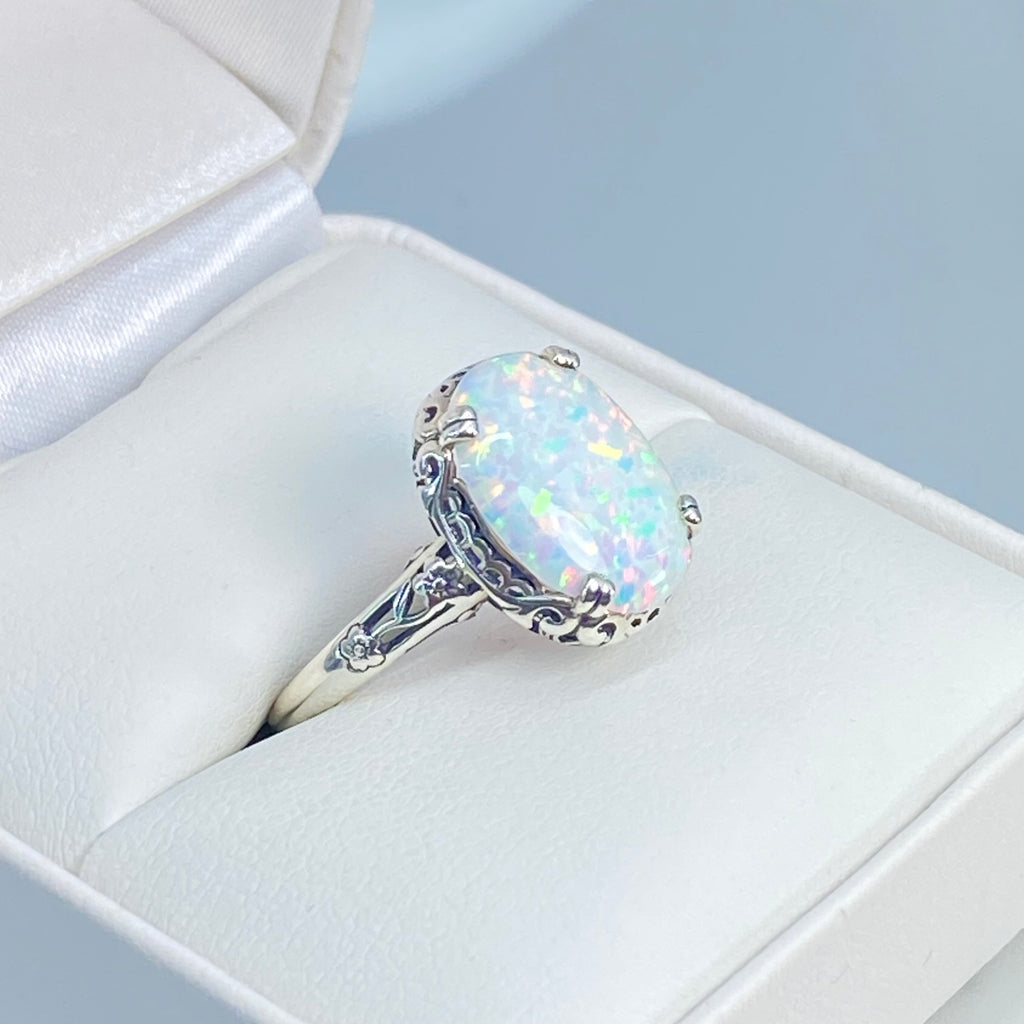 Opal Ring, Simulated fire opal oval gemstone, sterling silver floral filigree, Edward design #D70