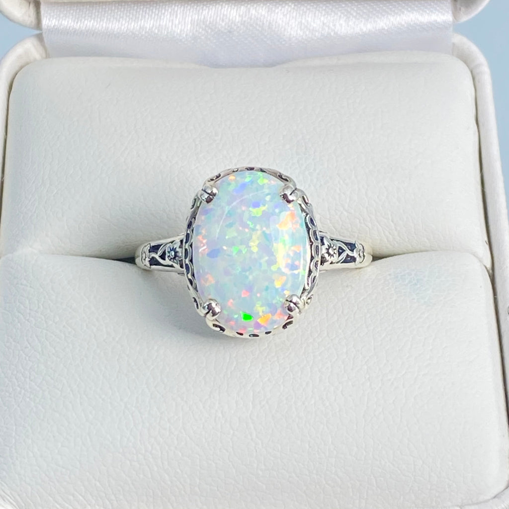 Opal Ring, Simulated fire opal oval gemstone, sterling silver floral filigree, Edward design #D70