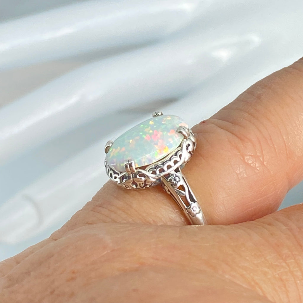 Opal Ring, Simulated fire opal oval gemstone, sterling silver floral filigree, Edward design #D70