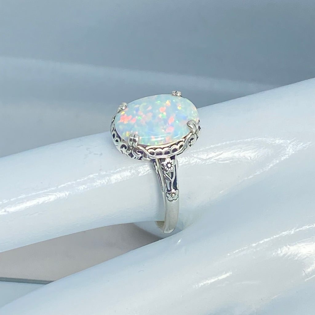 Opal Ring, Simulated fire opal oval gemstone, sterling silver floral filigree, Edward design #D70