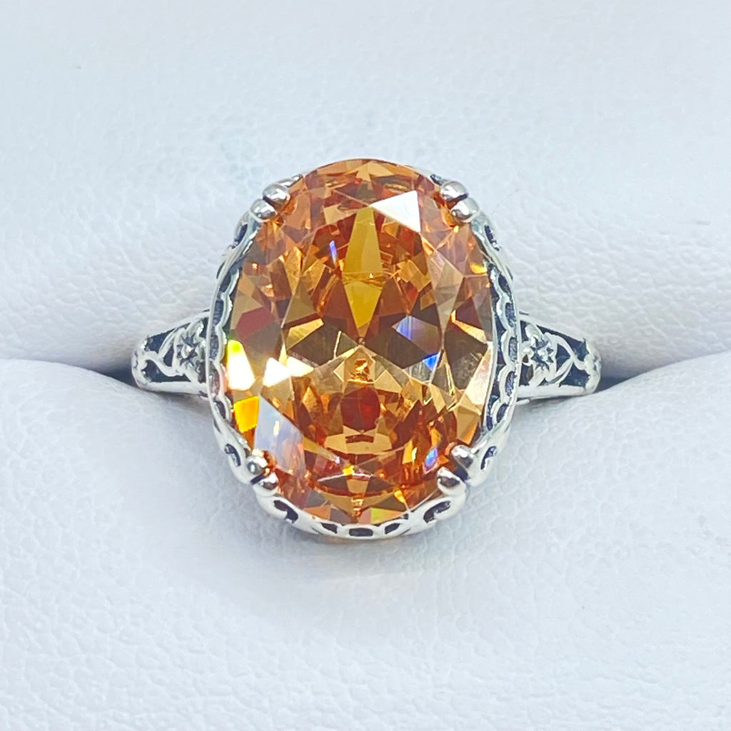 Peach CZ Ring, Edward design, floral sterling silver filigree, D70, Silver Embrace Jewelry Cubic Zirconia 