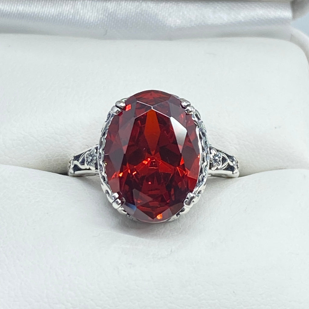 Red Garnet CZ Ring, Sterling Silver floral filigree, Edward Design #D70z, silver ring with garnet gemstone and floral filigree in a jewelry box