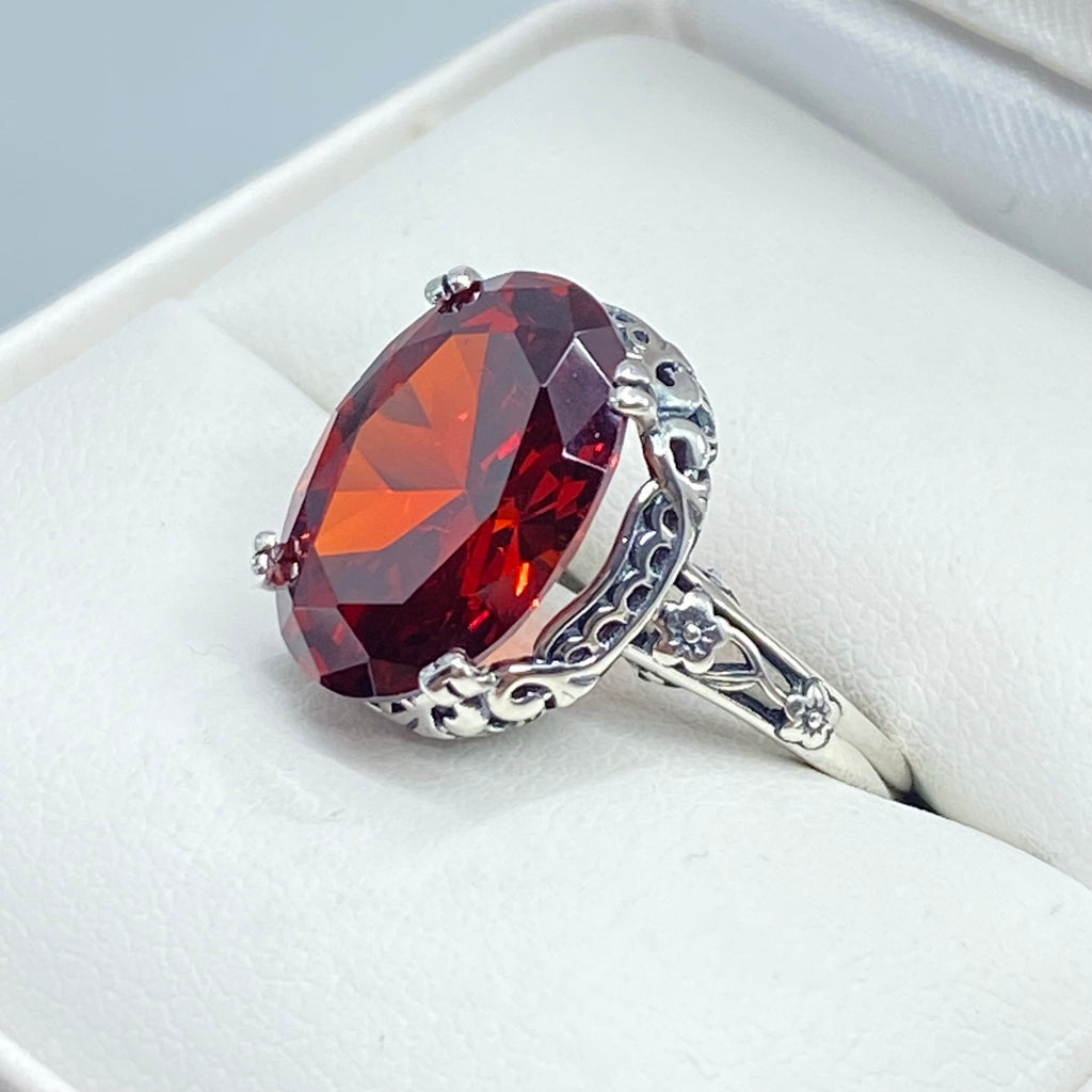 Red Garnet CZ Ring, Sterling Silver floral filigree, Edward Design #D70z, silver ring with garnet gemstone and floral filigree in a jewelry box