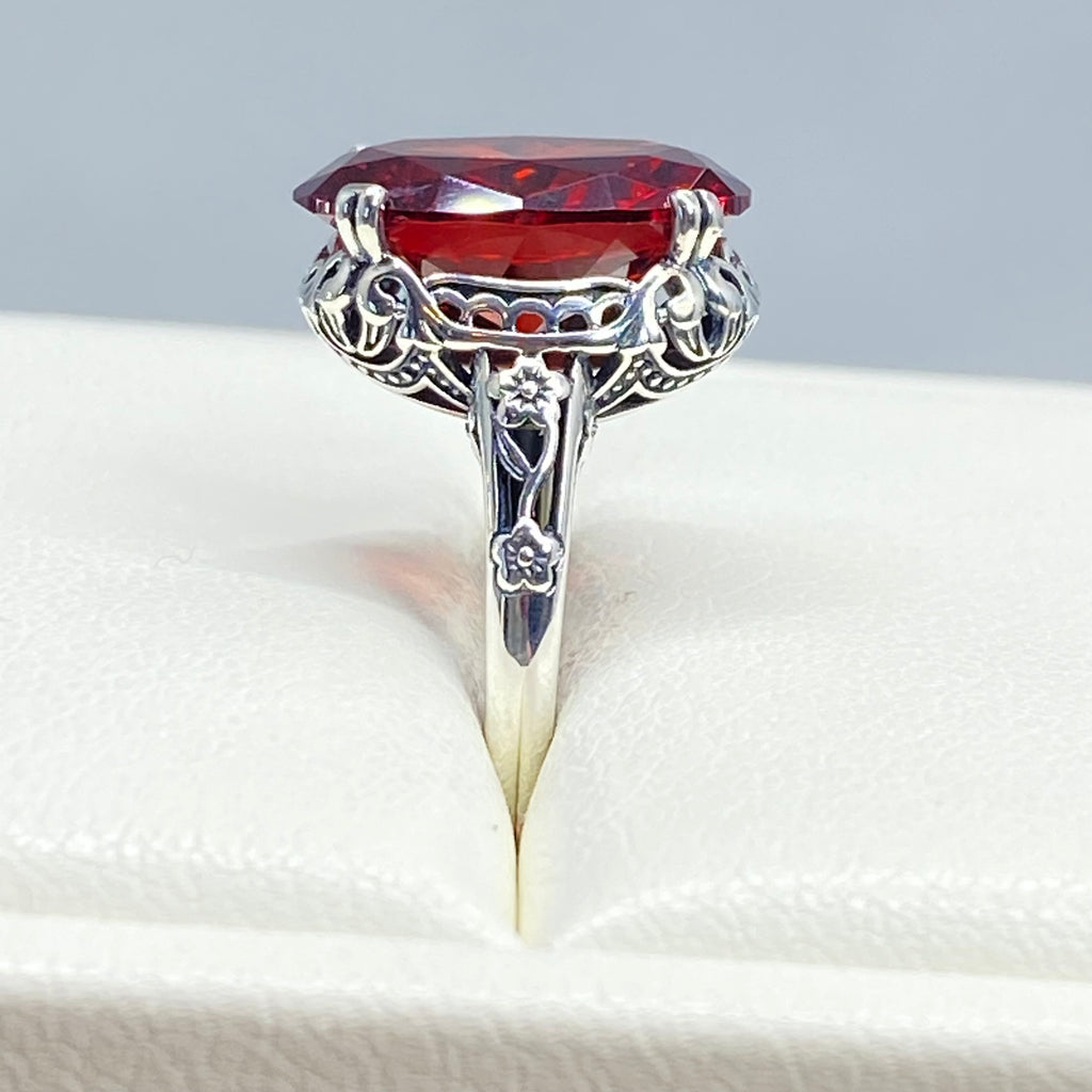 Red Garnet CZ Ring, Sterling Silver floral filigree, Edward Design #D70z, silver ring with garnet gemstone and floral filigree in a jewelry box