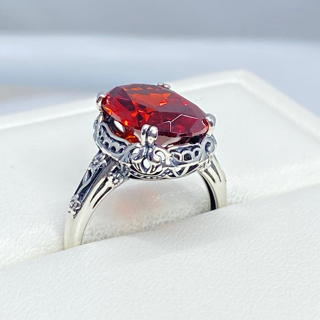 Red Garnet CZ Ring, Sterling Silver floral filigree, Edward Design #D70z, silver ring with garnet gemstone and floral filigree in a jewelry box