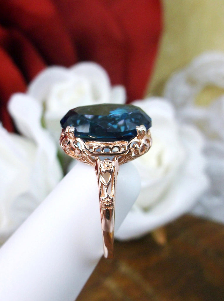 London Blue Topaz Ring, 6 carat oval faceted Natural gemstone, Rose Gold over Sterling Silver floral filigree, Edward design #D70, Silver Embrace Jewelry