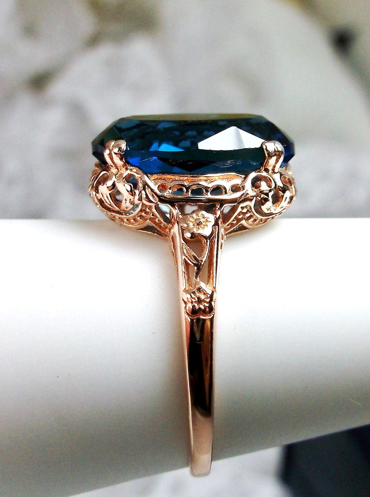 London Blue Topaz Ring, 6 carat oval faceted Natural gemstone, Rose Gold over Sterling Silver floral filigree, Edward design #D70, Silver Embrace Jewelry