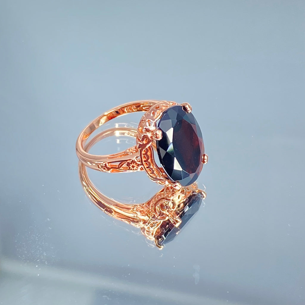 Natural Garnet Ring,  6.9 carat oval faceted natural gemstone, Rose Gold over Sterling Silver floral filigree, Edward design #D70