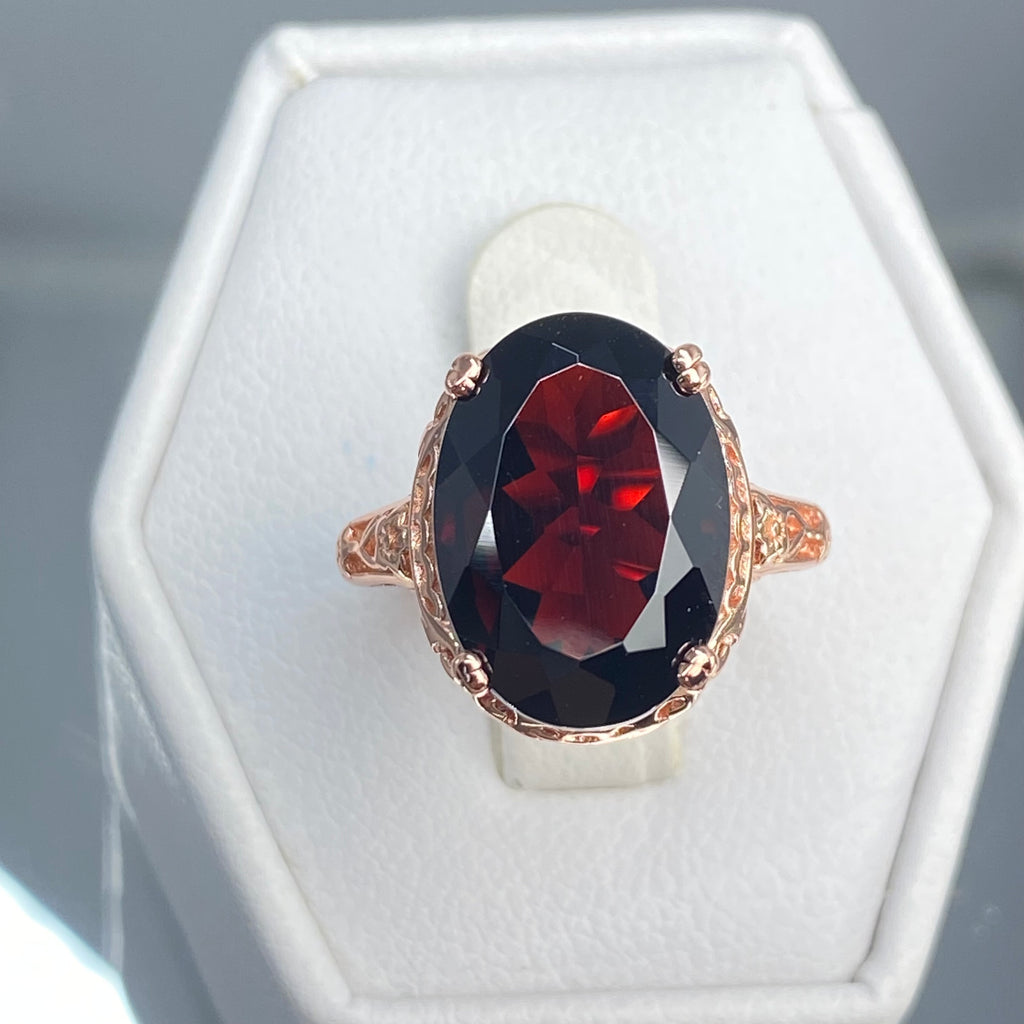 Natural Garnet Ring,  6.9 carat oval faceted natural gemstone, Rose Gold over Sterling Silver floral filigree, Edward design #D70