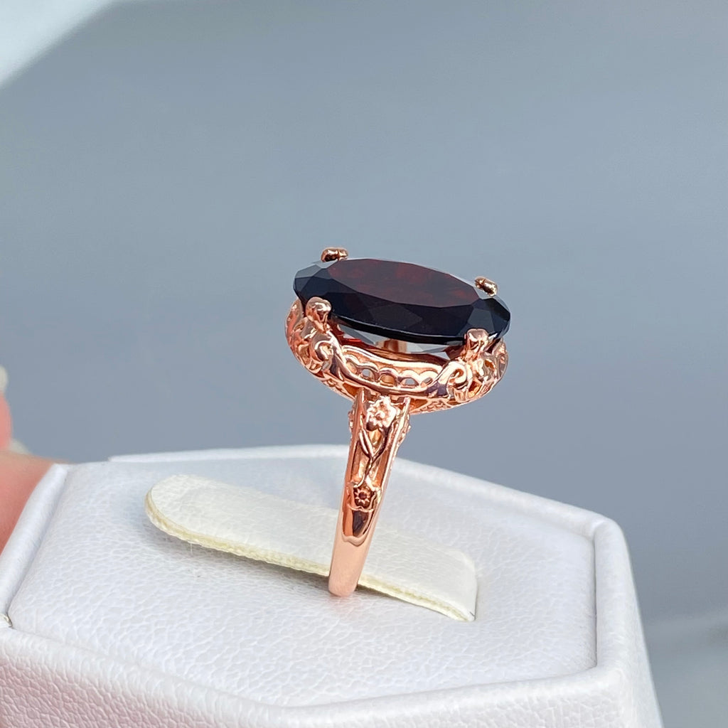 Natural Garnet Ring,  6.9 carat oval faceted natural gemstone, Rose Gold over Sterling Silver floral filigree, Edward design #D70