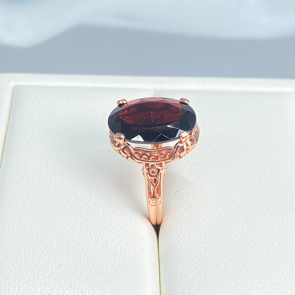 Natural Garnet Ring,  6.9 carat oval faceted natural gemstone, Rose Gold over Sterling Silver floral filigree, Edward design #D70