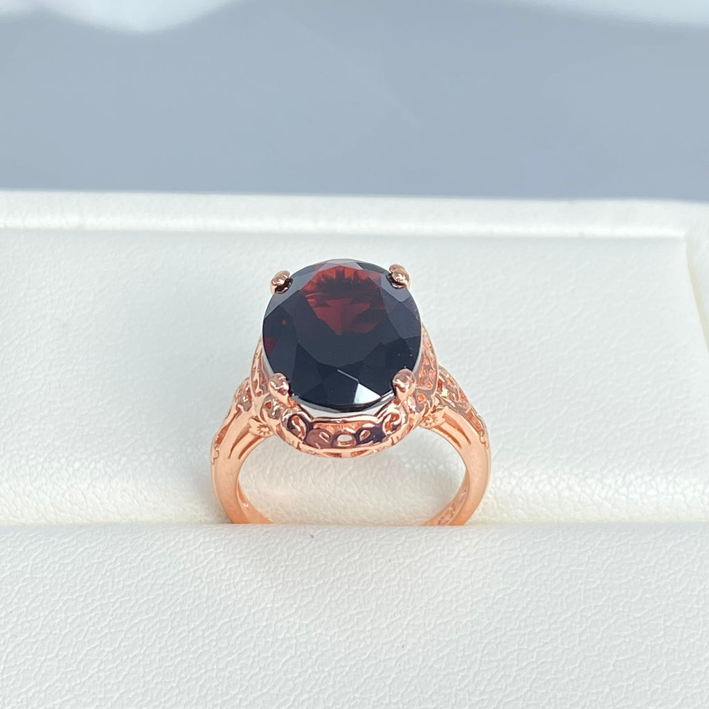 Natural Garnet Ring,  6.9 carat oval faceted natural gemstone, Rose Gold over Sterling Silver floral filigree, Edward design #D70