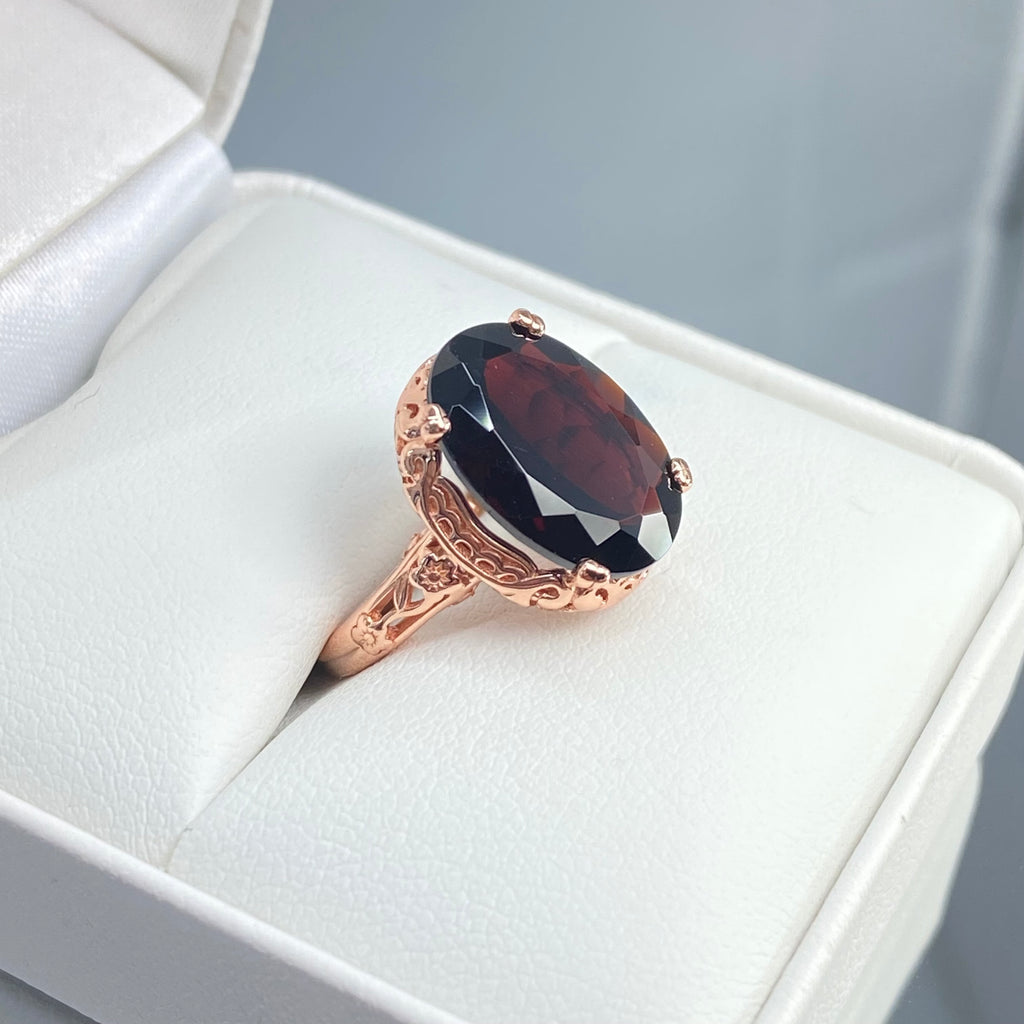 Natural Garnet Ring,  6.9 carat oval faceted natural gemstone, Rose Gold over Sterling Silver floral filigree, Edward design #D70