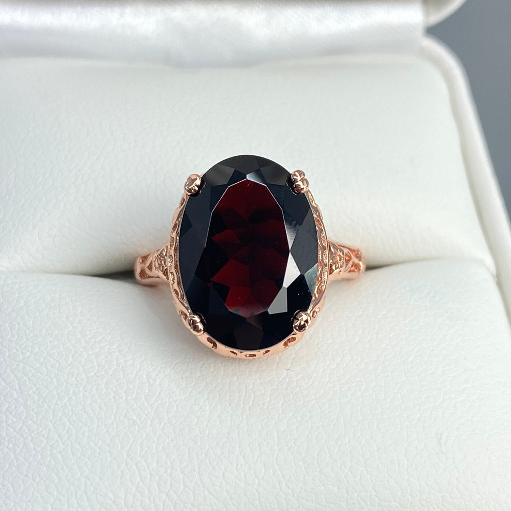 Natural Garnet Ring,  6.9 carat oval faceted natural gemstone, Rose Gold over Sterling Silver floral filigree, Edward design #D70