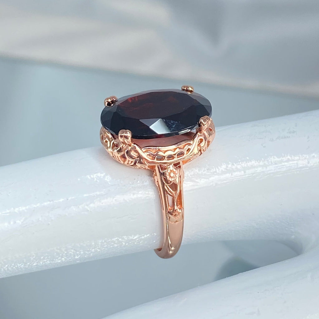 Natural Garnet Ring,  6.9 carat oval faceted natural gemstone, Rose Gold over Sterling Silver floral filigree, Edward design #D70