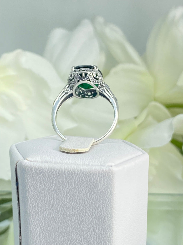 Emerald Ring, Edwardian Jewelry, Floral Filigree, sterling silver jewelry, D70z, 10mmx12mm gem, Silver Embrace jewelry