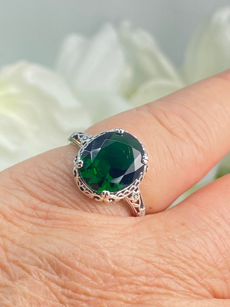 Emerald Ring, Edwardian Jewelry, Floral Filigree, sterling silver jewelry, D70z, 10mmx12mm gem, Silver Embrace jewelry