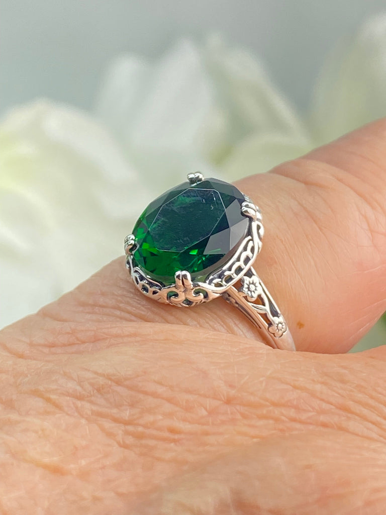 Emerald Ring, Edwardian Jewelry, Floral Filigree, sterling silver jewelry, D70z, 10mmx12mm gem, Silver Embrace jewelry