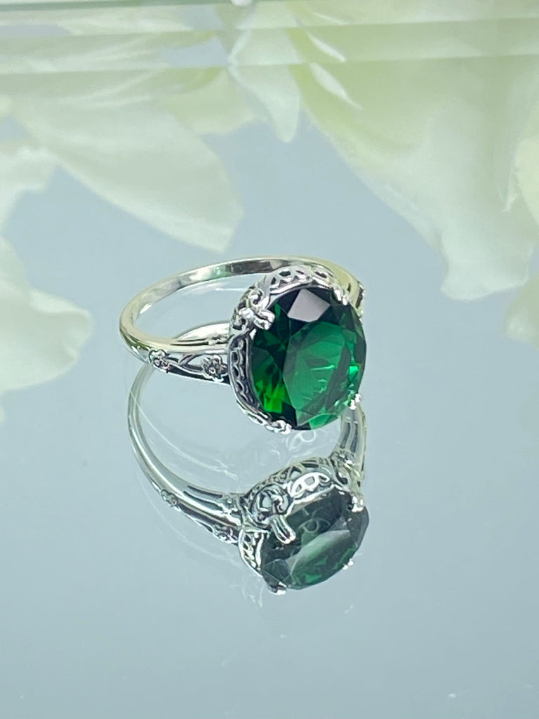 Emerald Ring, Edwardian Jewelry, Floral Filigree, sterling silver jewelry, D70z, 10mmx12mm gem, Silver Embrace jewelry