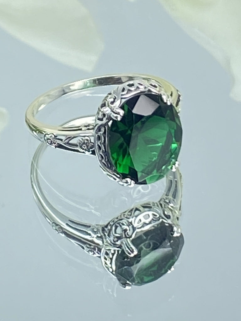 Emerald Ring, Edwardian Jewelry, Floral Filigree, sterling silver jewelry, D70z, 10mmx12mm gem, Silver Embrace jewelry