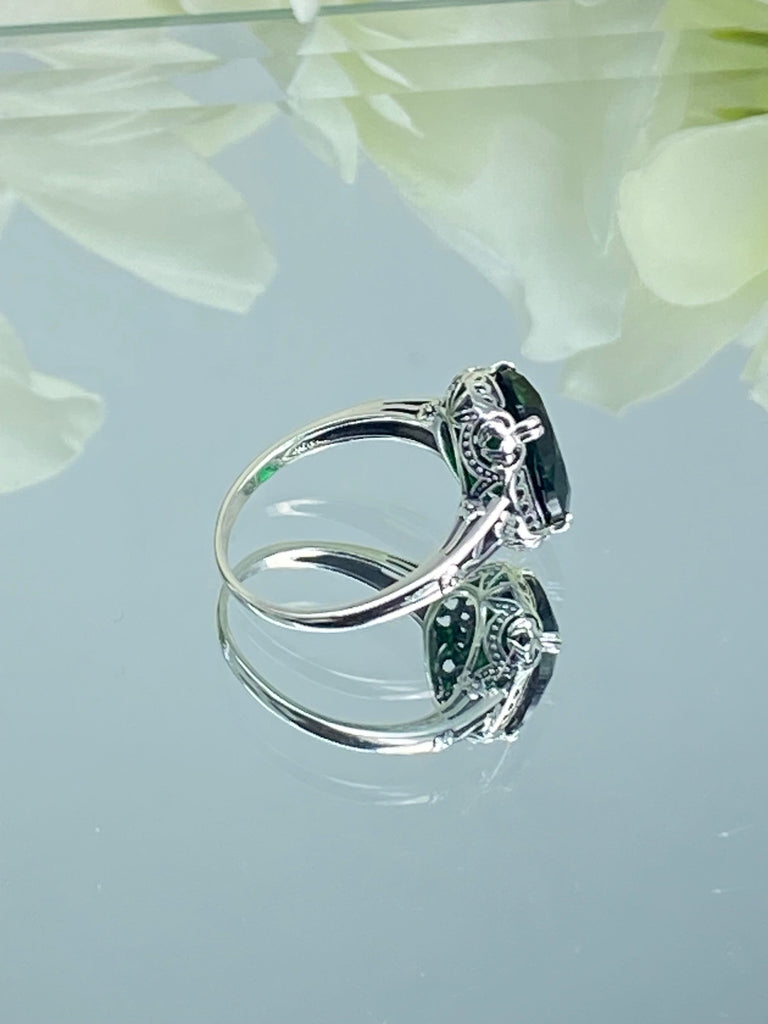 Emerald Ring, Edwardian Jewelry, Floral Filigree, sterling silver jewelry, D70z, 10mmx12mm gem, Silver Embrace jewelry