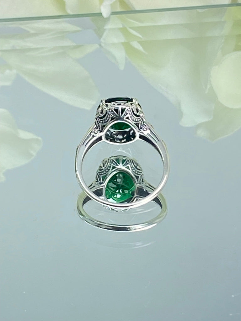 Emerald Ring, Edwardian Jewelry, Floral Filigree, sterling silver jewelry, D70z, 10mmx12mm gem, Silver Embrace jewelry