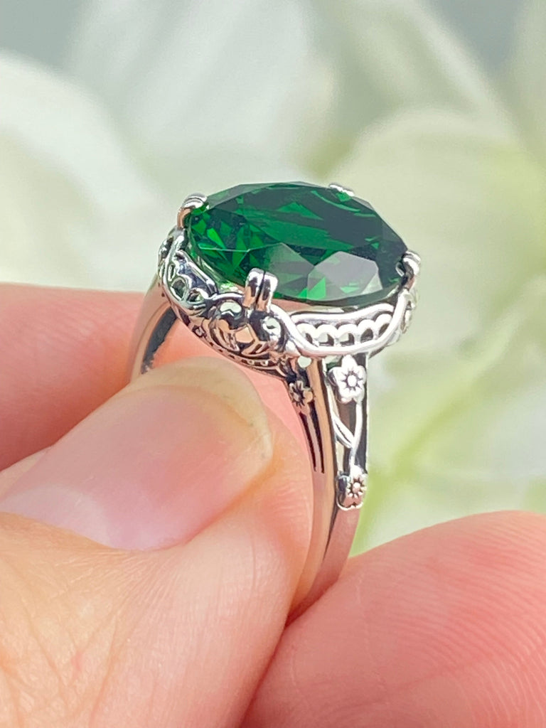 Emerald Ring, Edwardian Jewelry, Floral Filigree, sterling silver jewelry, D70z, 10mmx12mm gem, Silver Embrace jewelry