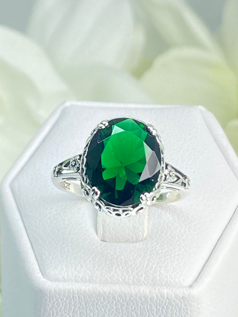 Emerald Ring, Edwardian Jewelry, Floral Filigree, sterling silver jewelry, D70z, 10mmx12mm gem, Silver Embrace jewelry