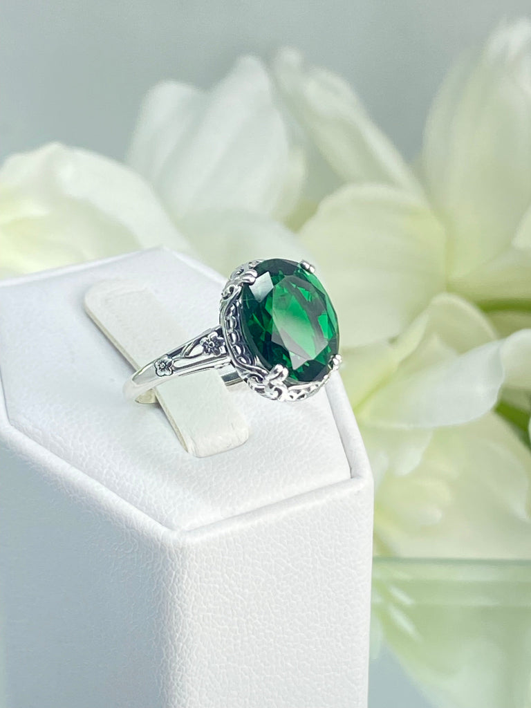 Emerald Ring, Edwardian Jewelry, Floral Filigree, sterling silver jewelry, D70z, 10mmx12mm gem, Silver Embrace jewelry